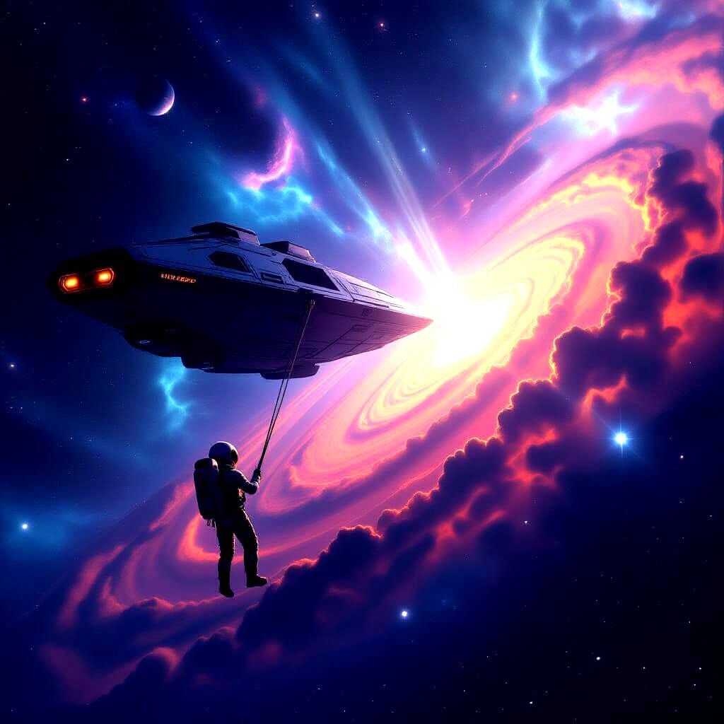 Astronaut Adrift Near Alien Ship Among Colorful Nebulae