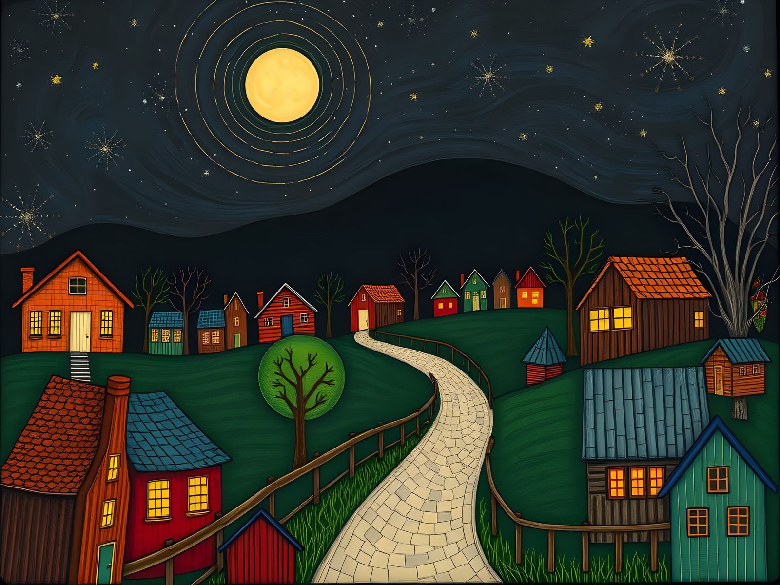 Whimsical Nightscape in Folk Art Style