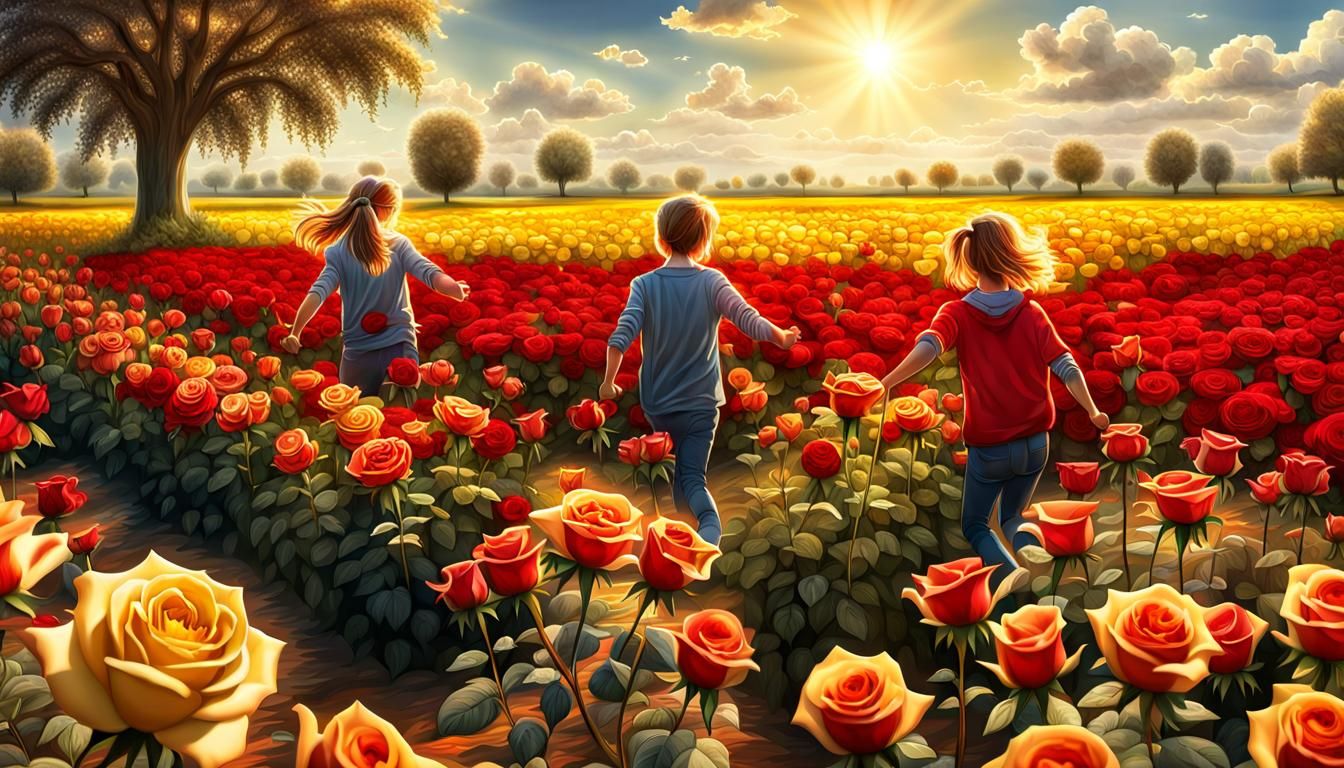 Children Playing in Sunny Field: Hyperrealistic 8K