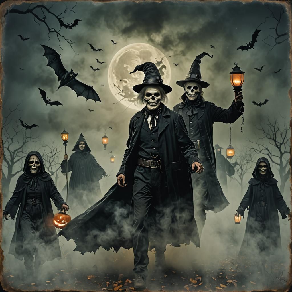 Spooky Halloween Scene with Jack-o'-Lanterns and Ghosts