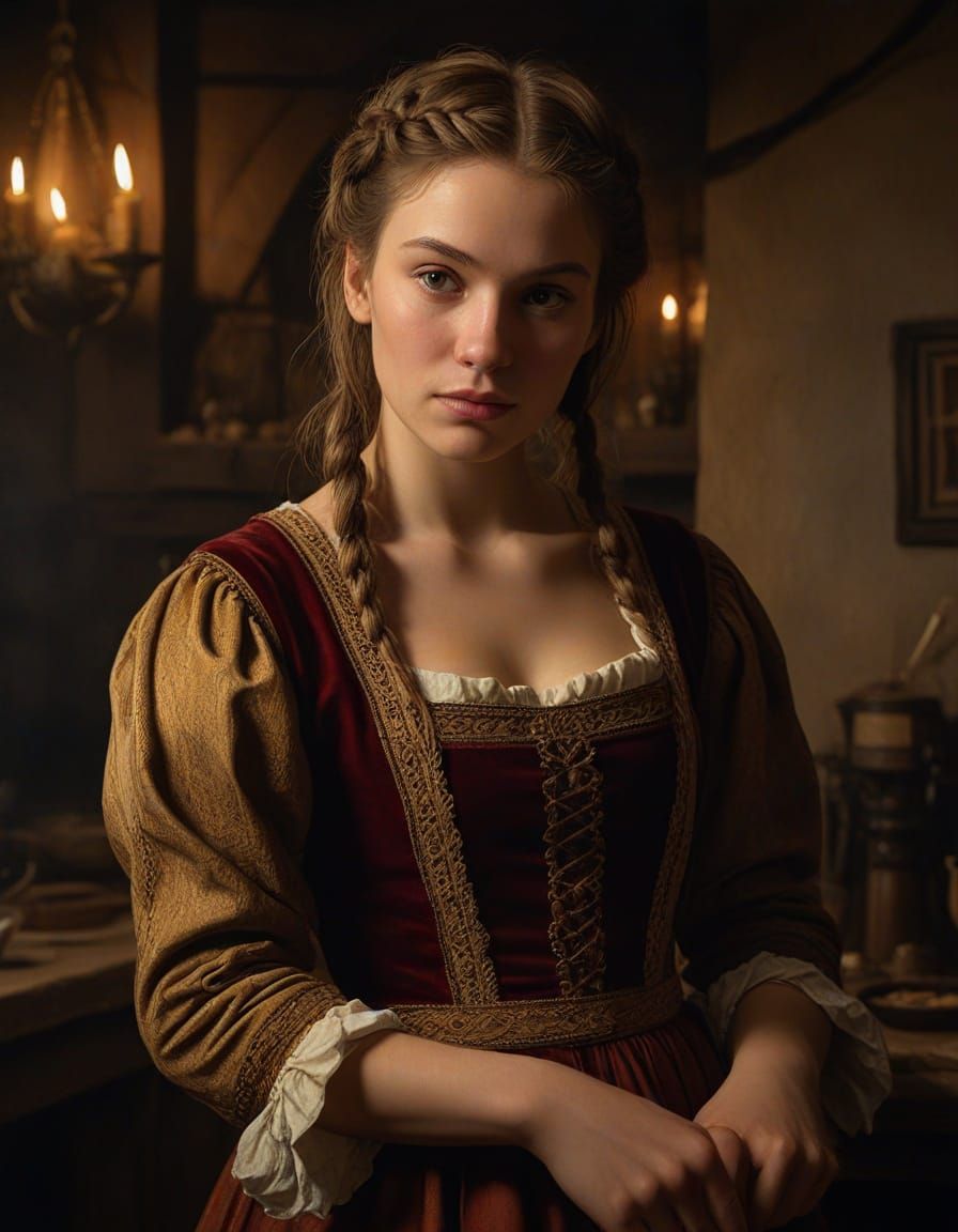 Medieval Woman in Tavern, Oil Painting Style