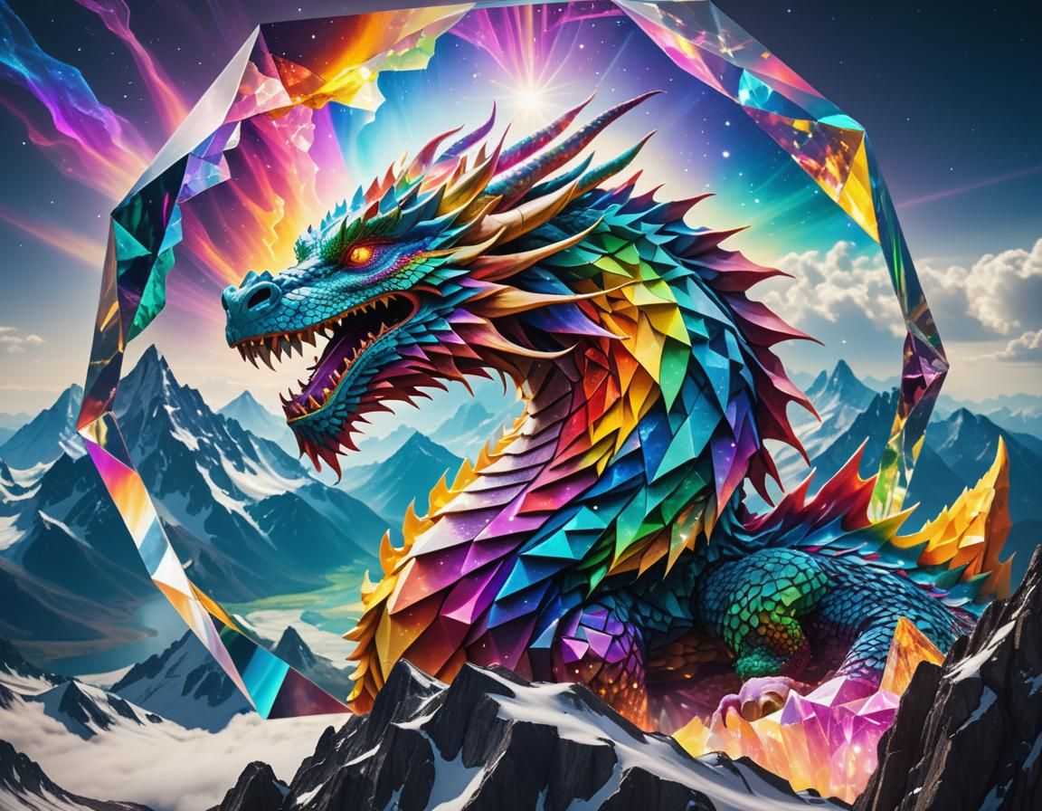 Cosmic Dragon in Crystal with Rainbow Lights