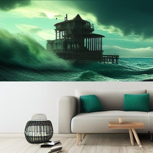 Green Door Amidst a Stormy Sunset Sea