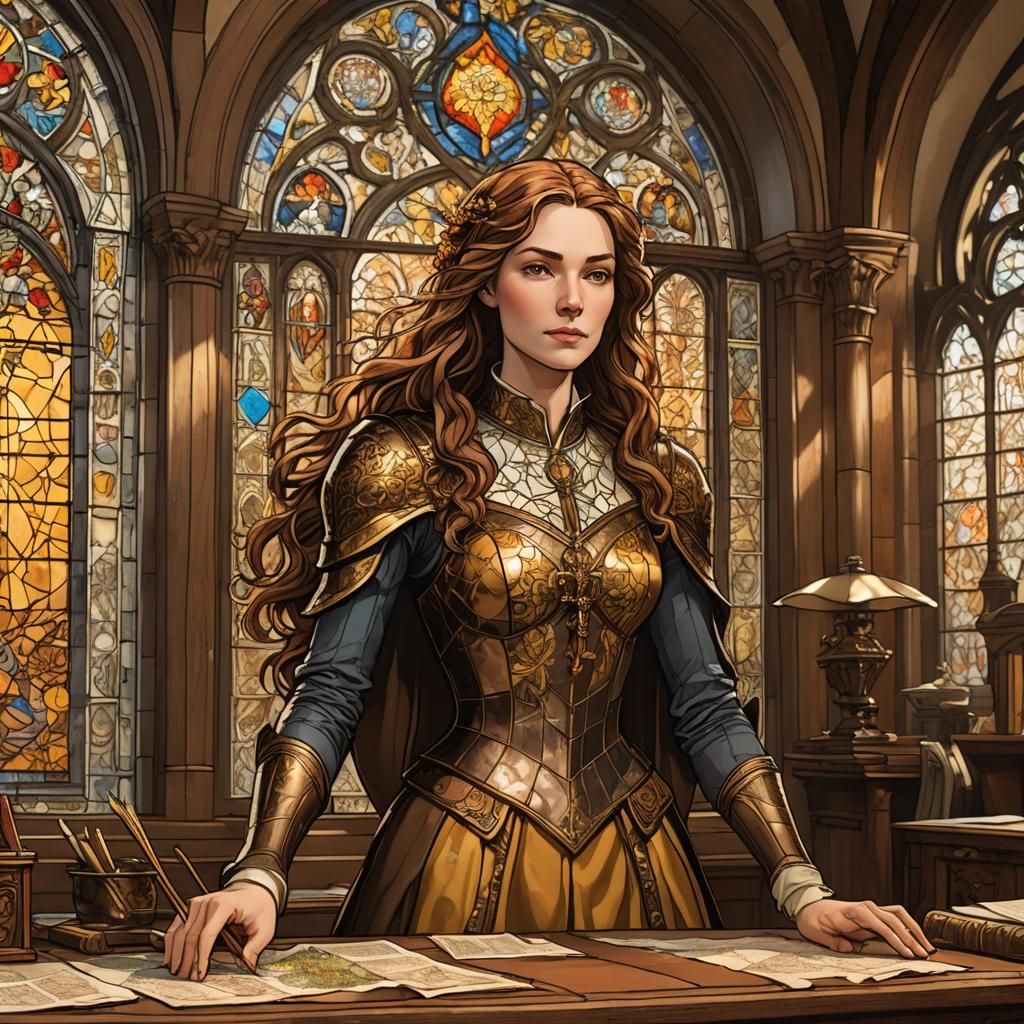 Stately Woman in Medieval Office with Golden Light