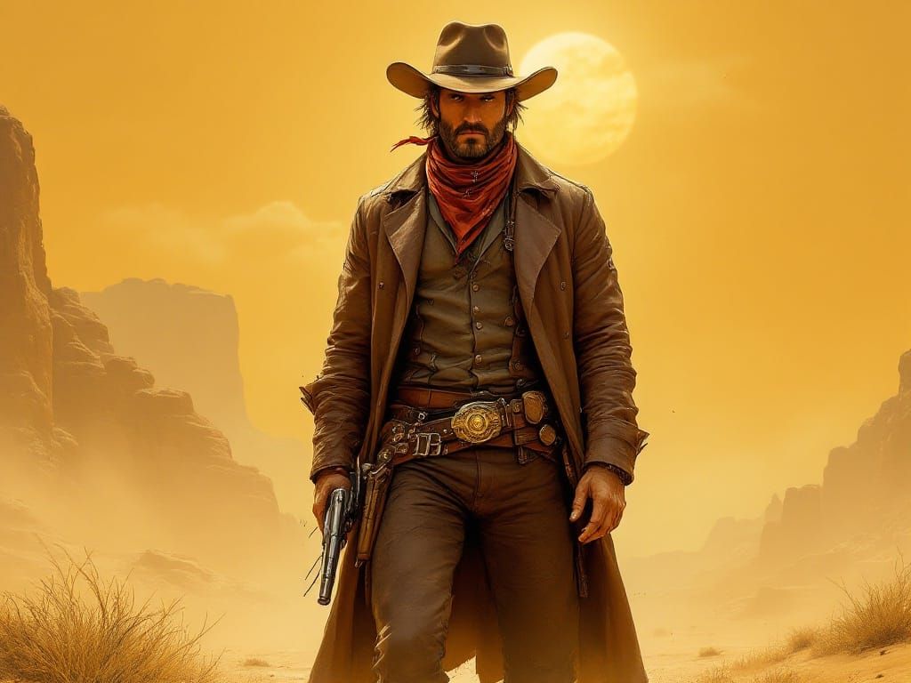 Gritty Cowboy Stands Tall in Rustic Desert Landscape