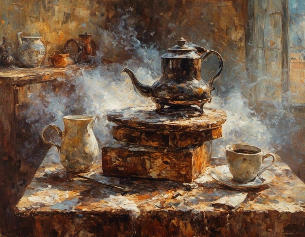 Cozy Cafe Scene with Coffee Pot in Painting Style