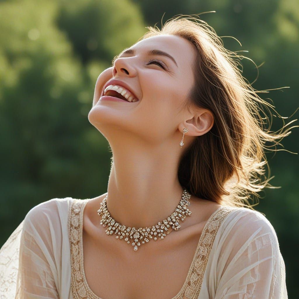 A Woman Rejoices Under the Sun with Vibrant Attire and Jewel...