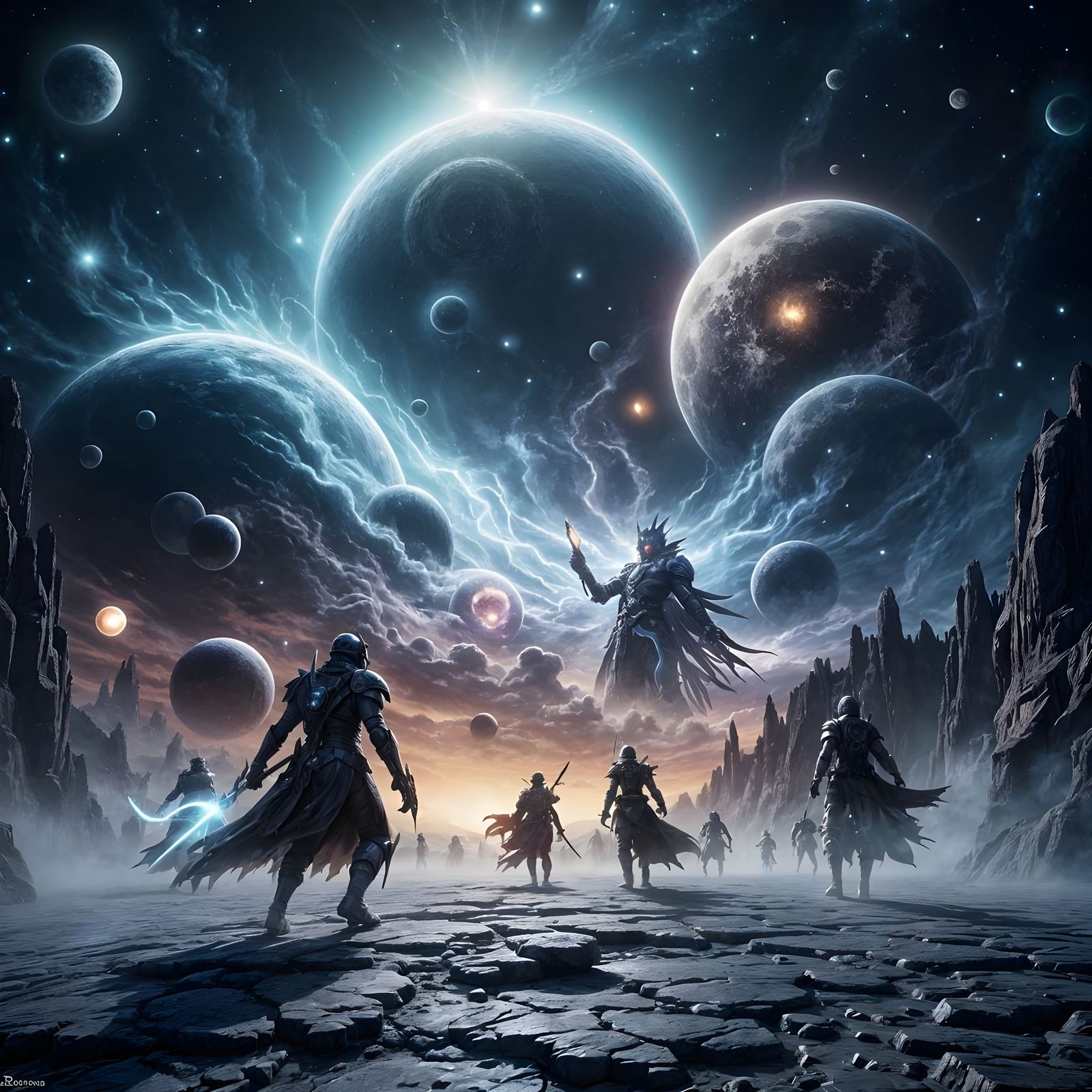 Ethereal Warriors Clash on Moon in Celestial Fantasy Battle
