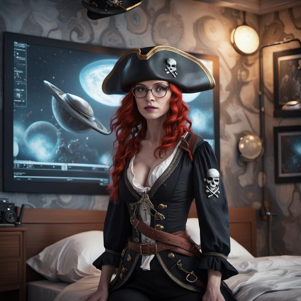 Opulent Red-Haired Pirate Hacking in Sci-Fi Bedroom