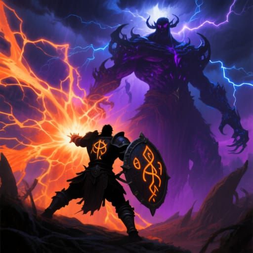 Warrior Unleashes Energy Blast in Epic Storm