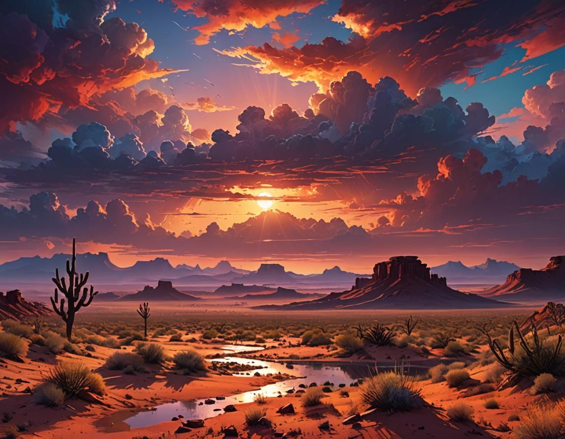 Mystical Desert Sunset in Digital Illustration Style