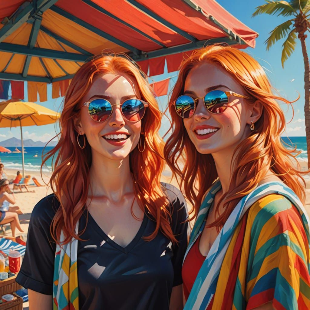 Girls Try on Sunglasses: Vibrant Oil Painting