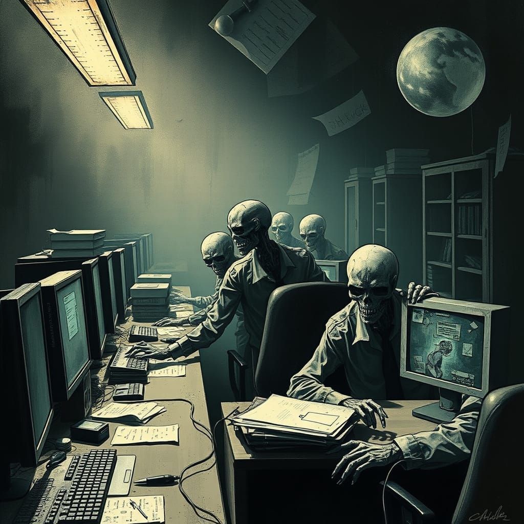 Undead Office Workers in Dark Surrealism