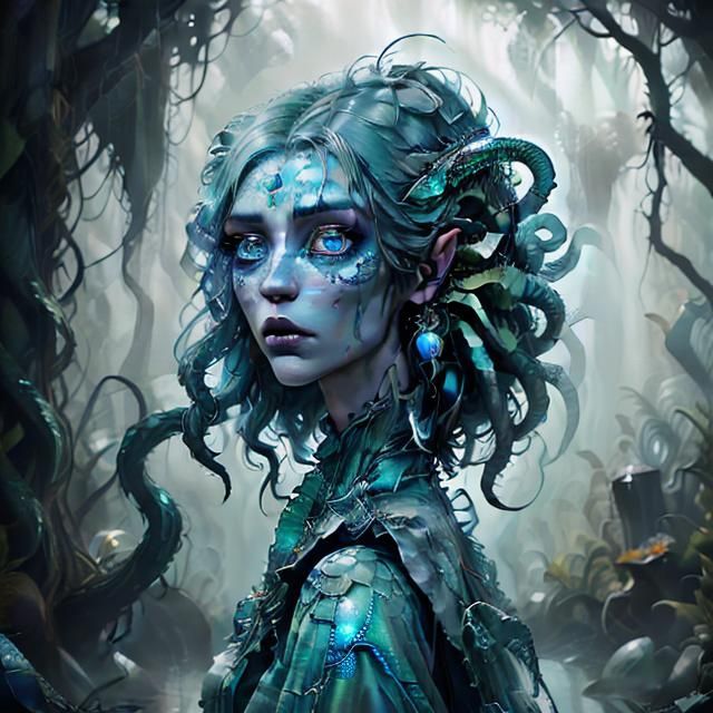 Scaly Monster Woman Portrait in Ruins