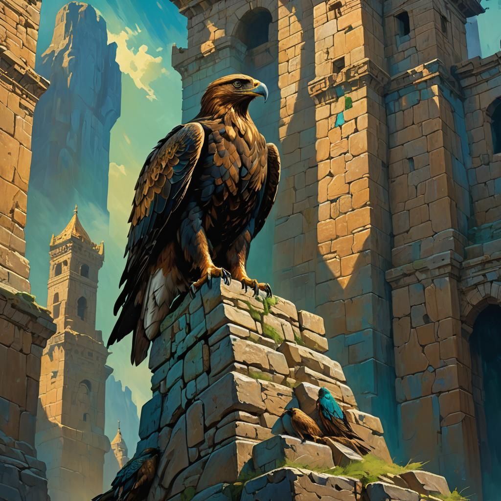 Golden Eagle on Ancient Tower: Epic Fantasy Art