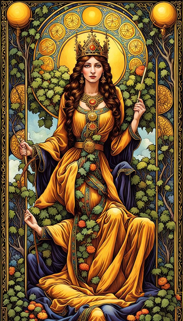 Queen of Pentacles Tarot Card in Ghibli Style