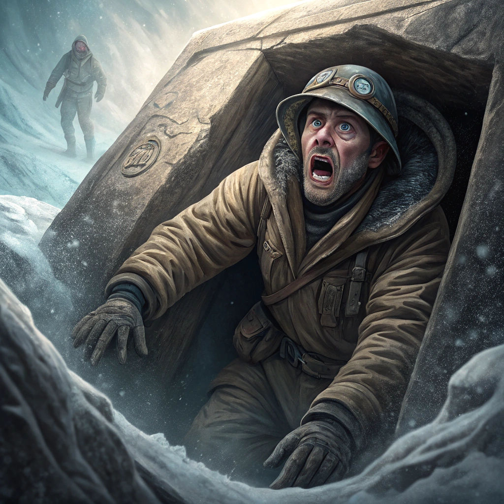 Geologist and Stone Sarcophagus in Antarctica Cave