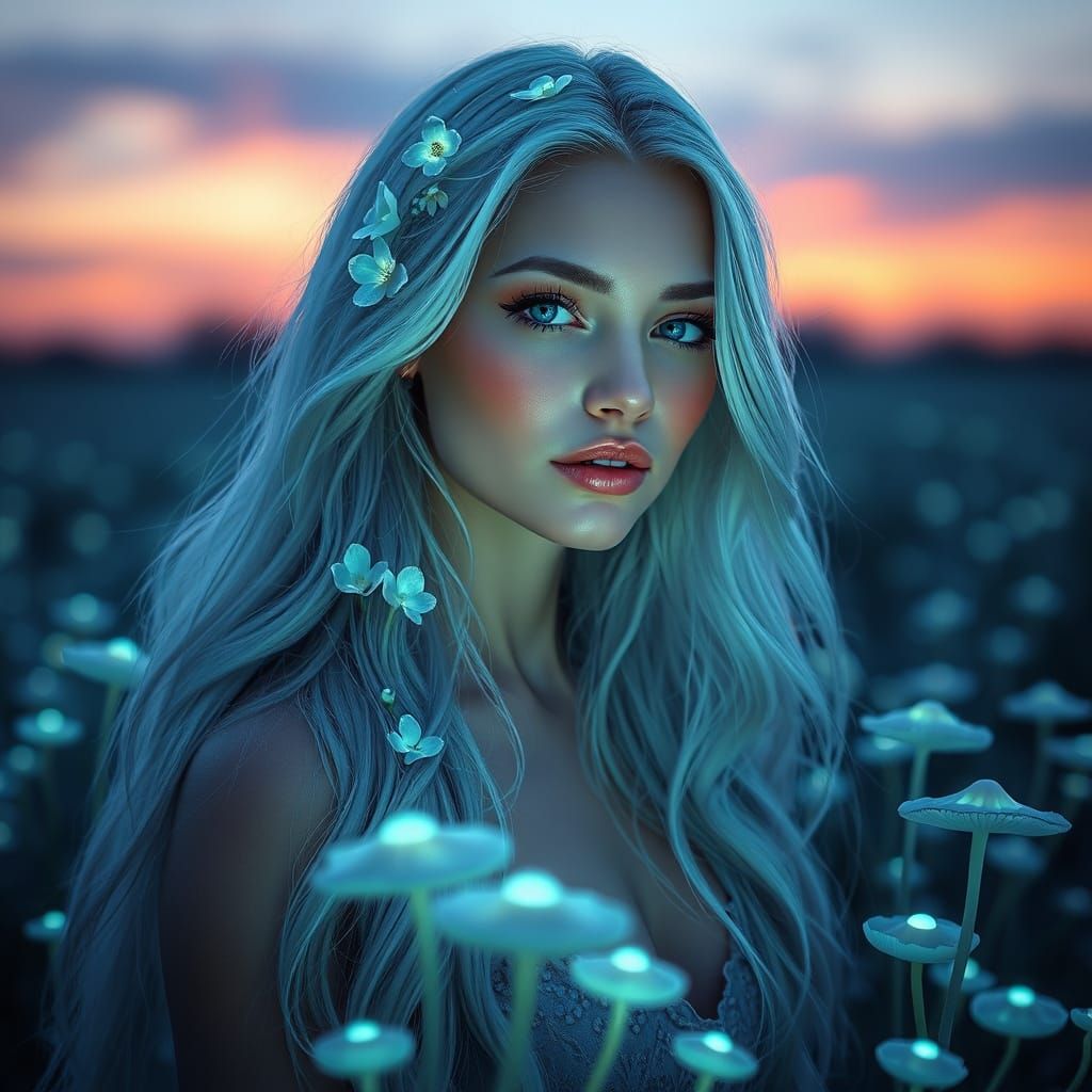 Ethereal Goddess in a Field of Glowing Mushrooms