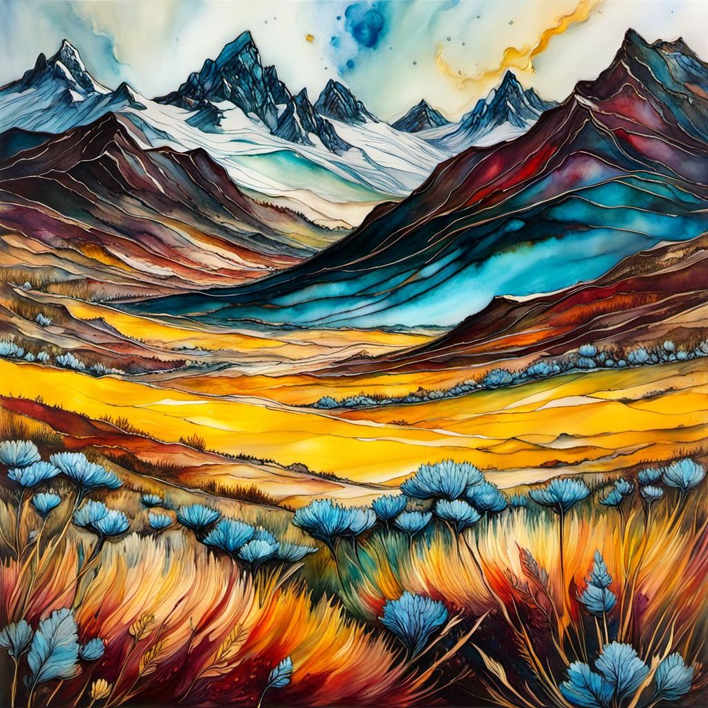 Tundra Landscape as Encaustic Alcohol Ink Painting