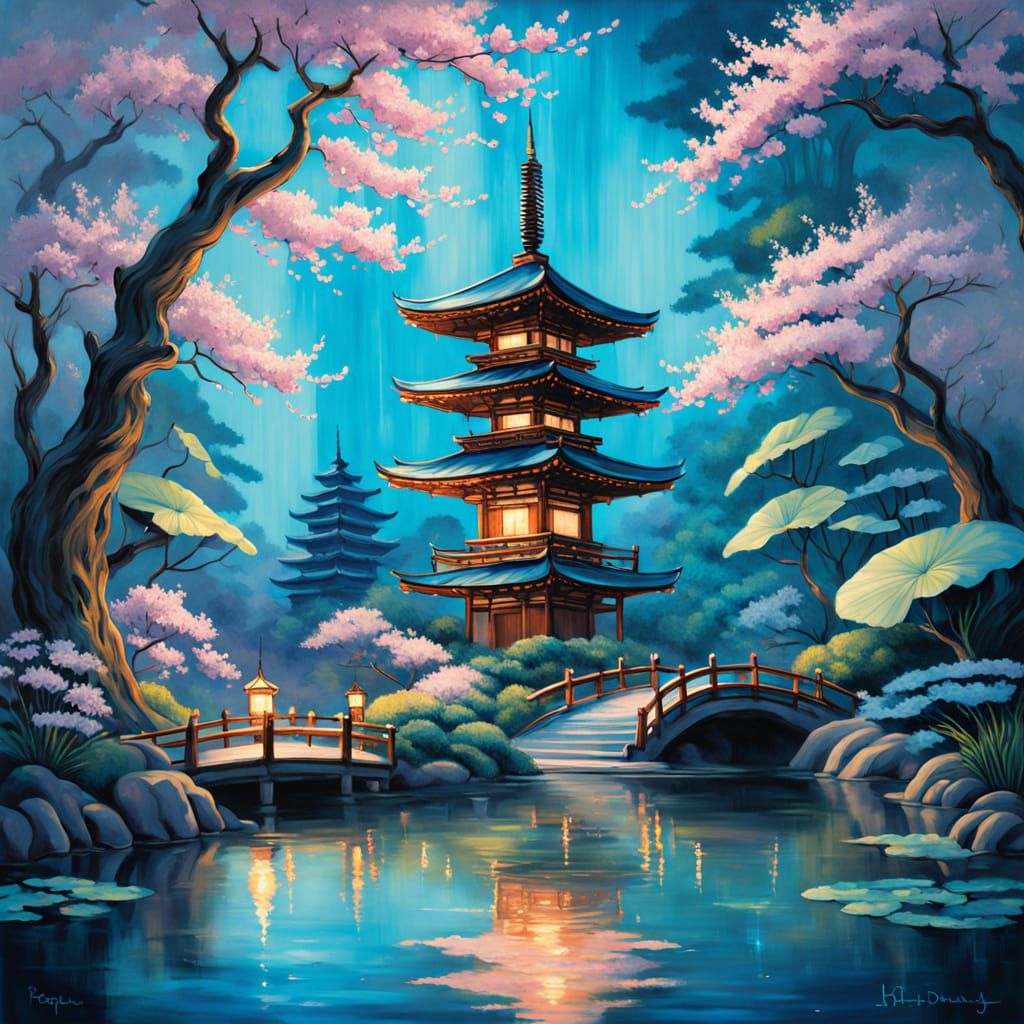 Pagoda with Kappa Amidst Cherry Blossoms in Yamato-e Style