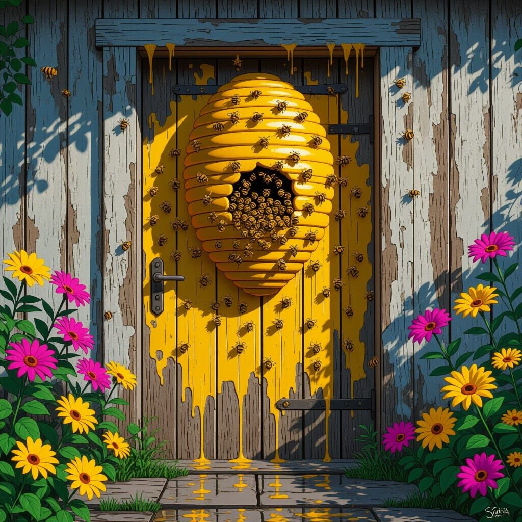 Rustic Doorway with Beehive in Comic Book Style