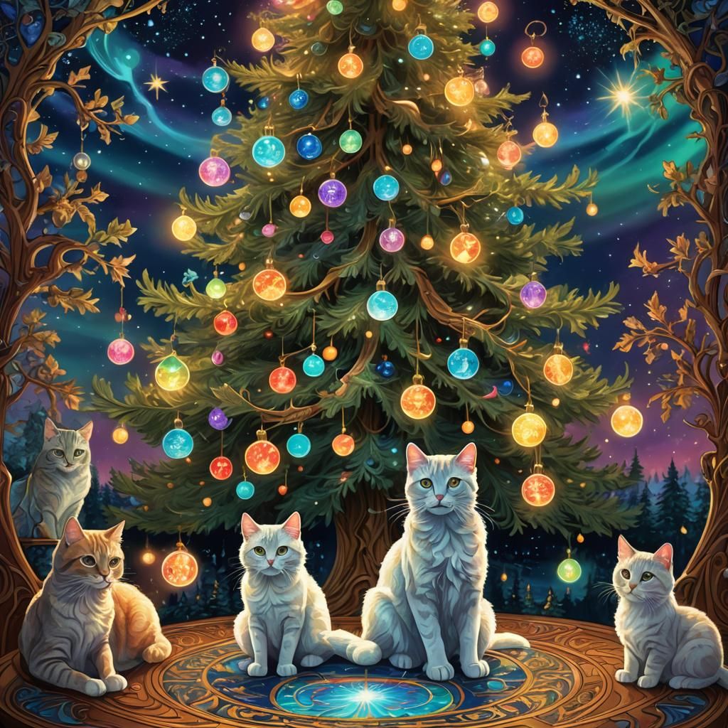 Art Nouveau Christmas Tree with Cats and Aurora Lights