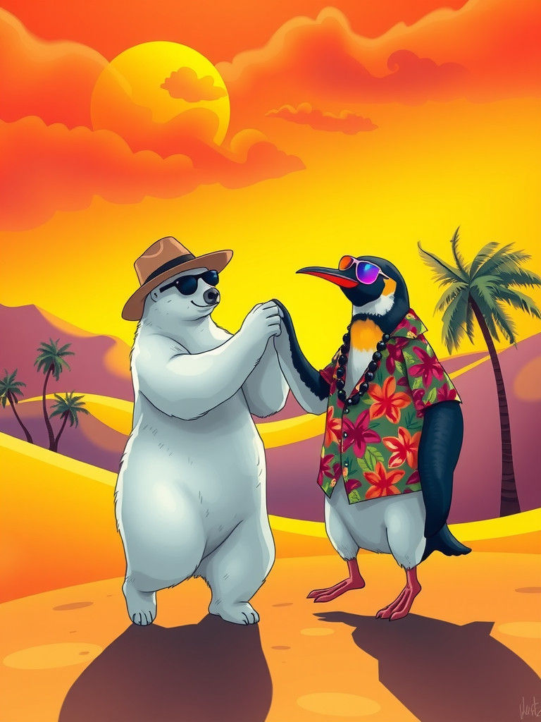 A polar bear and a penguin dance a lambada in the Sahara Desert