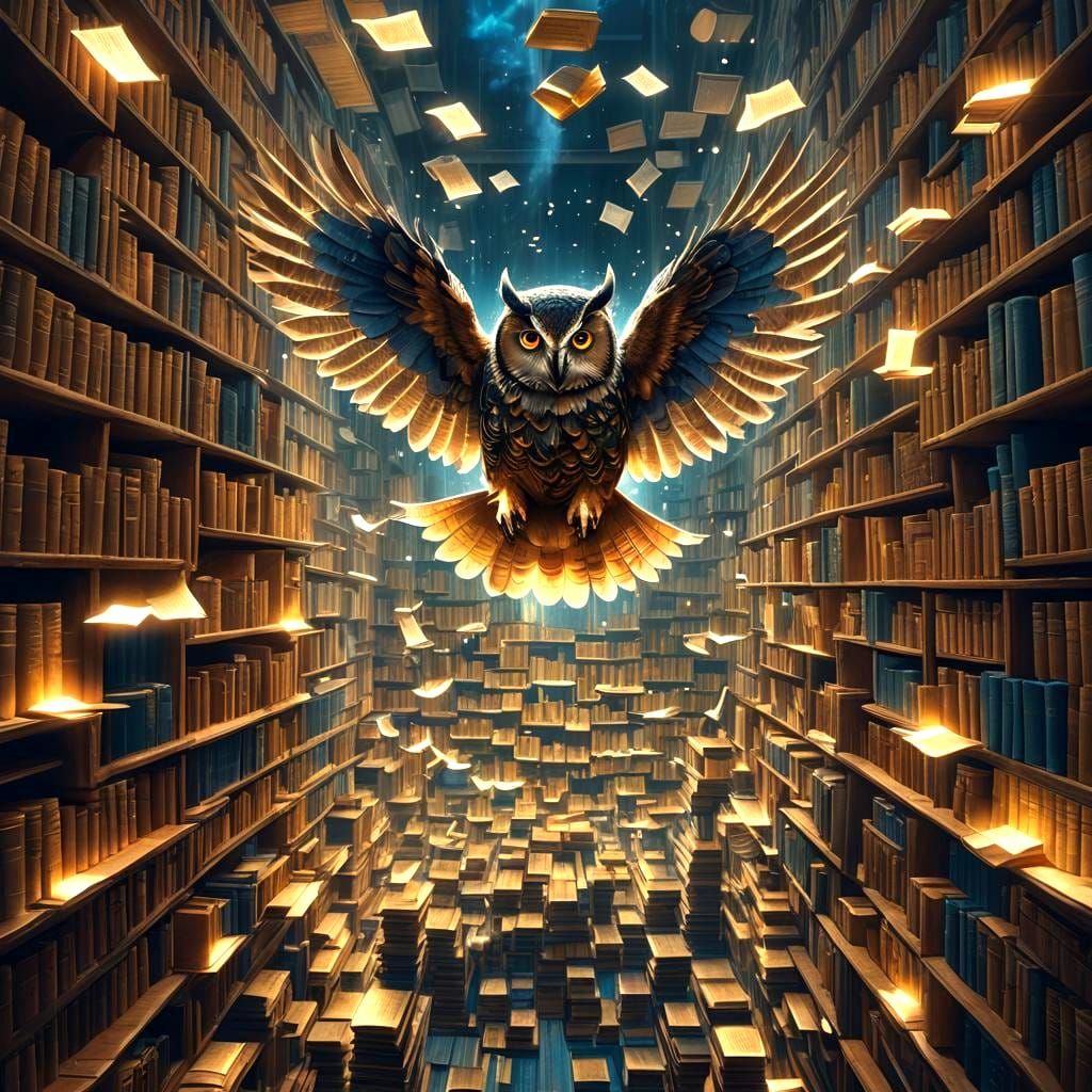 Mystical Library: Floating Books and Owl in Flight
