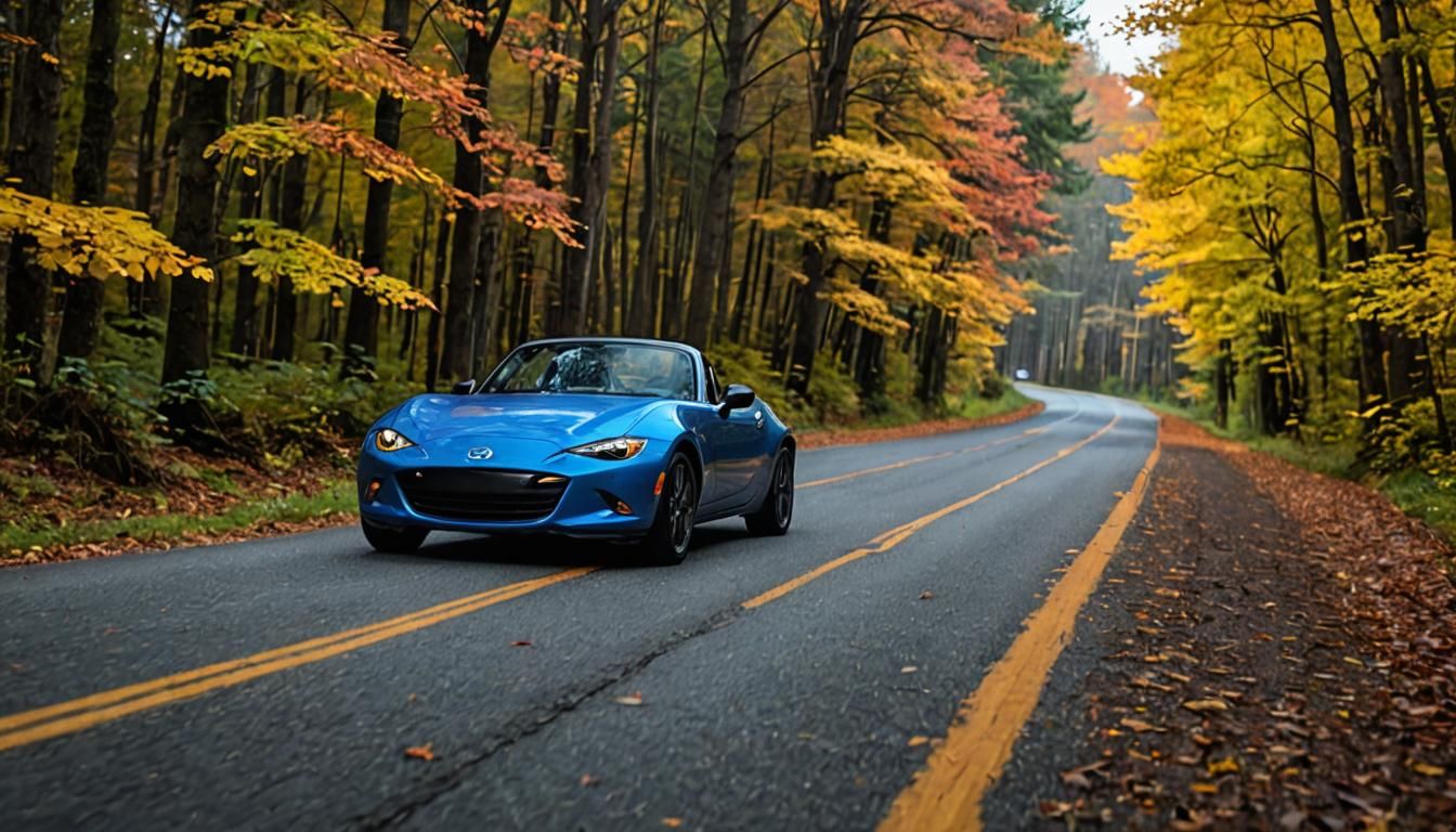 Blue Mazda MX-5 on Fall Forest Road
