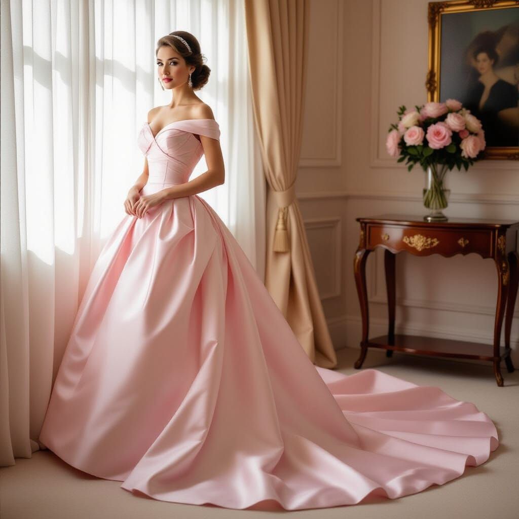 Elegant 1980s Woman in Pink Satin Gown
