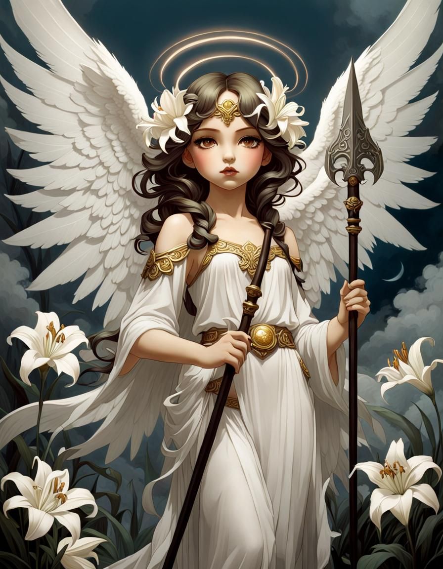Chibi Angel with Spear in Art Nouveau Style