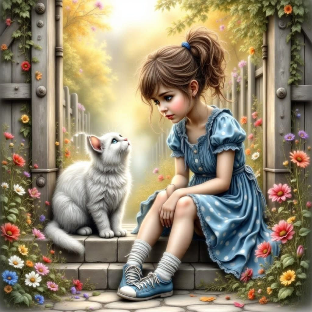 Young Girl and Cat on Mansion Steps in Sunshine
