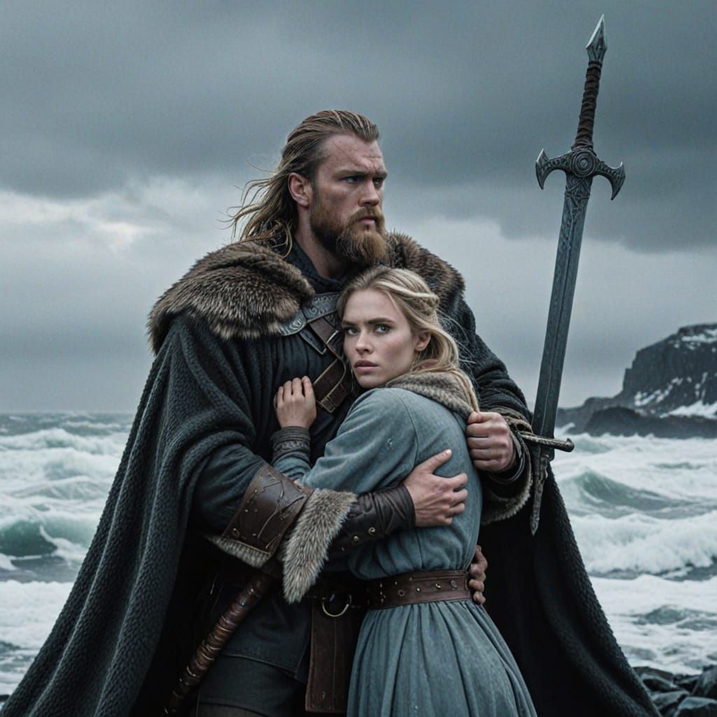 Heroic Viking Warrior Stands Strong Against Turbulent Stormy...