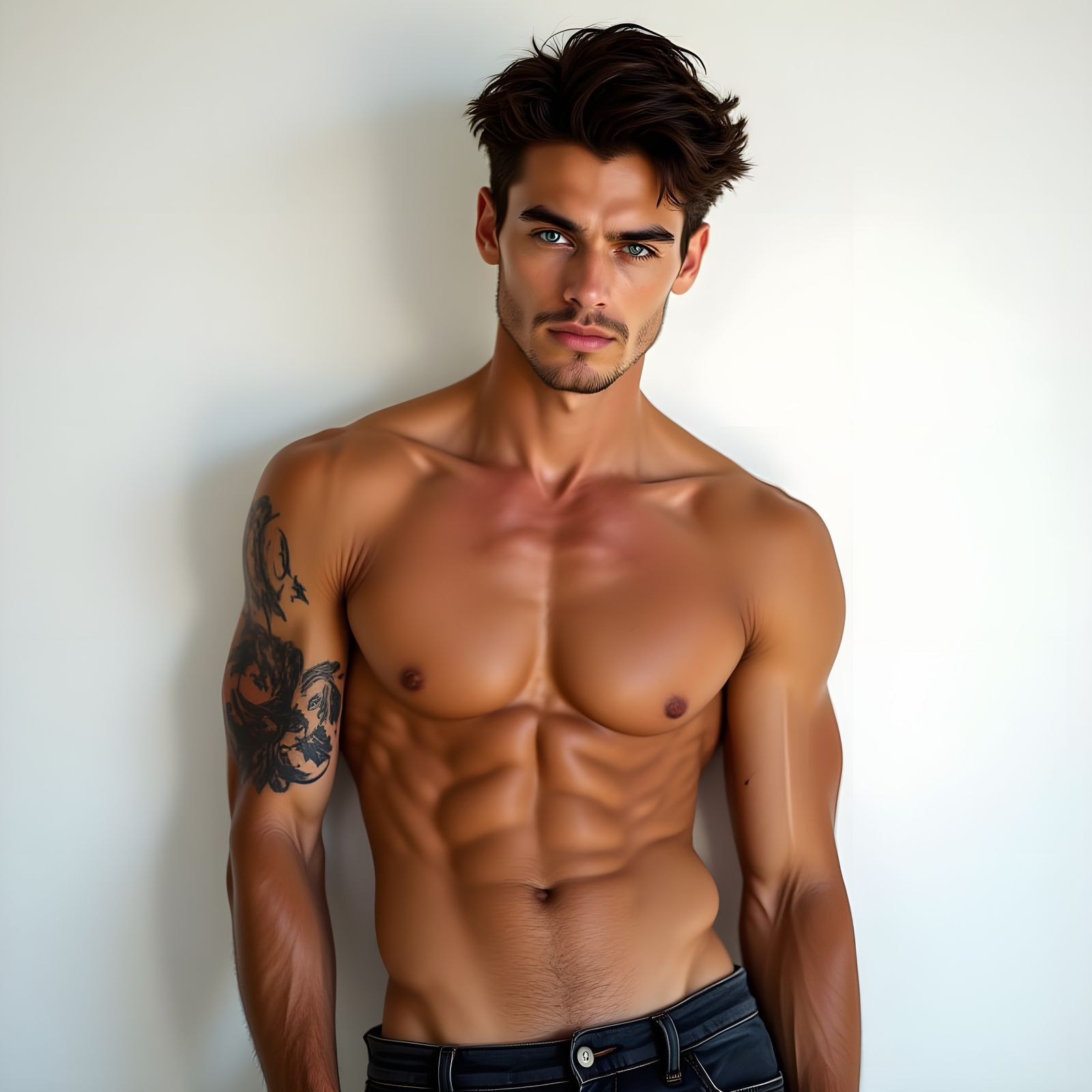 Muscular Man with Blue Eyes and Tattoo on White Background