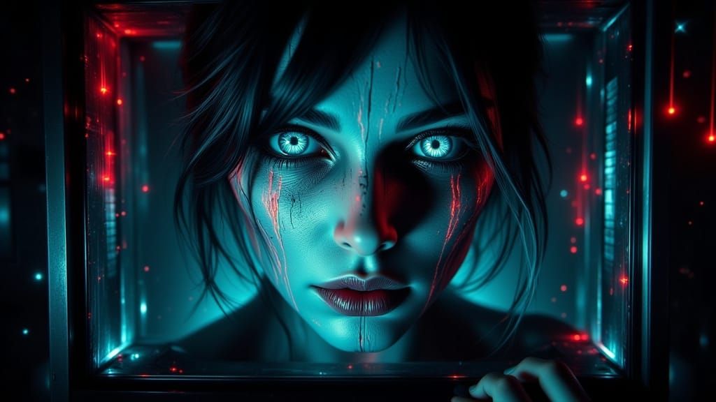 Glitched TV: Hypnotized Woman in Dark Horror