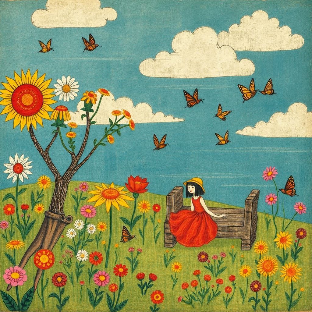 Summer Landscape in Naive Art Style