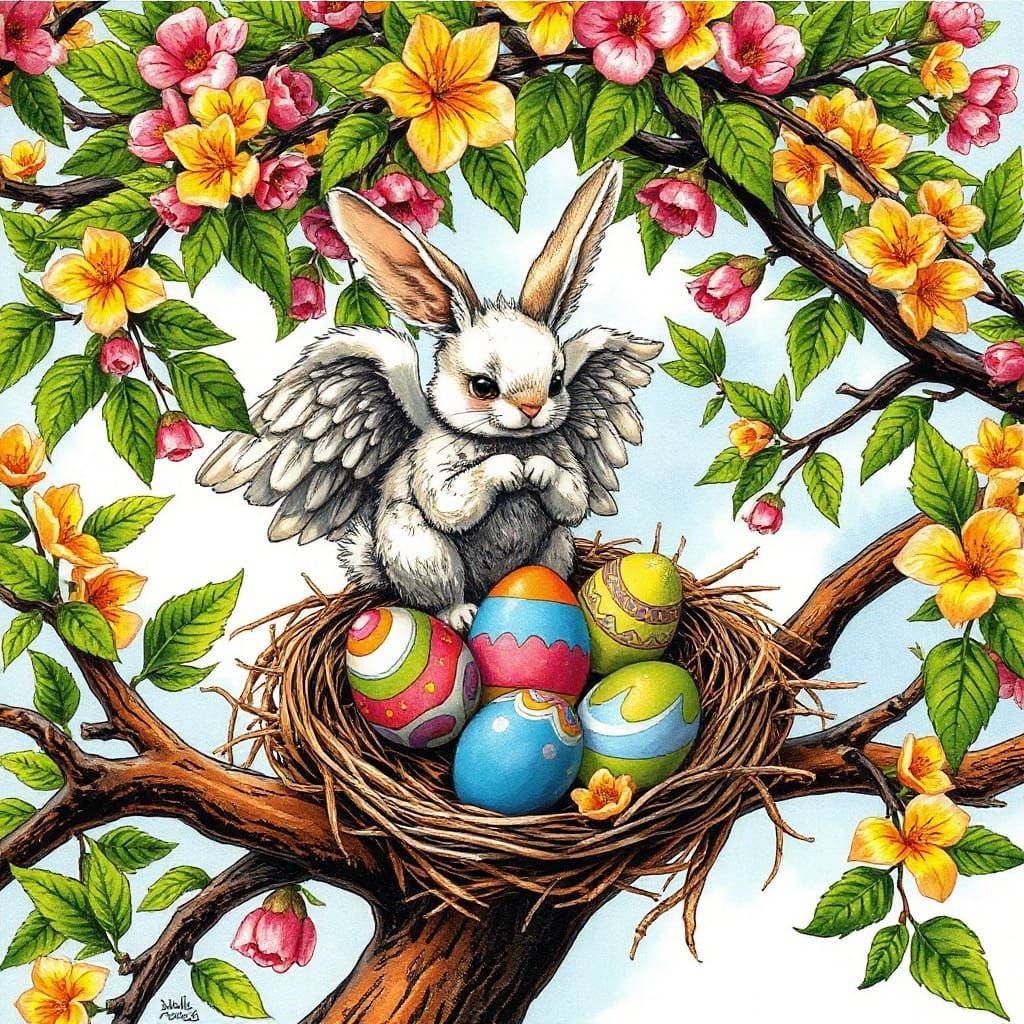 Whimsical Easter Bunny in a Vibrant Easter Tree