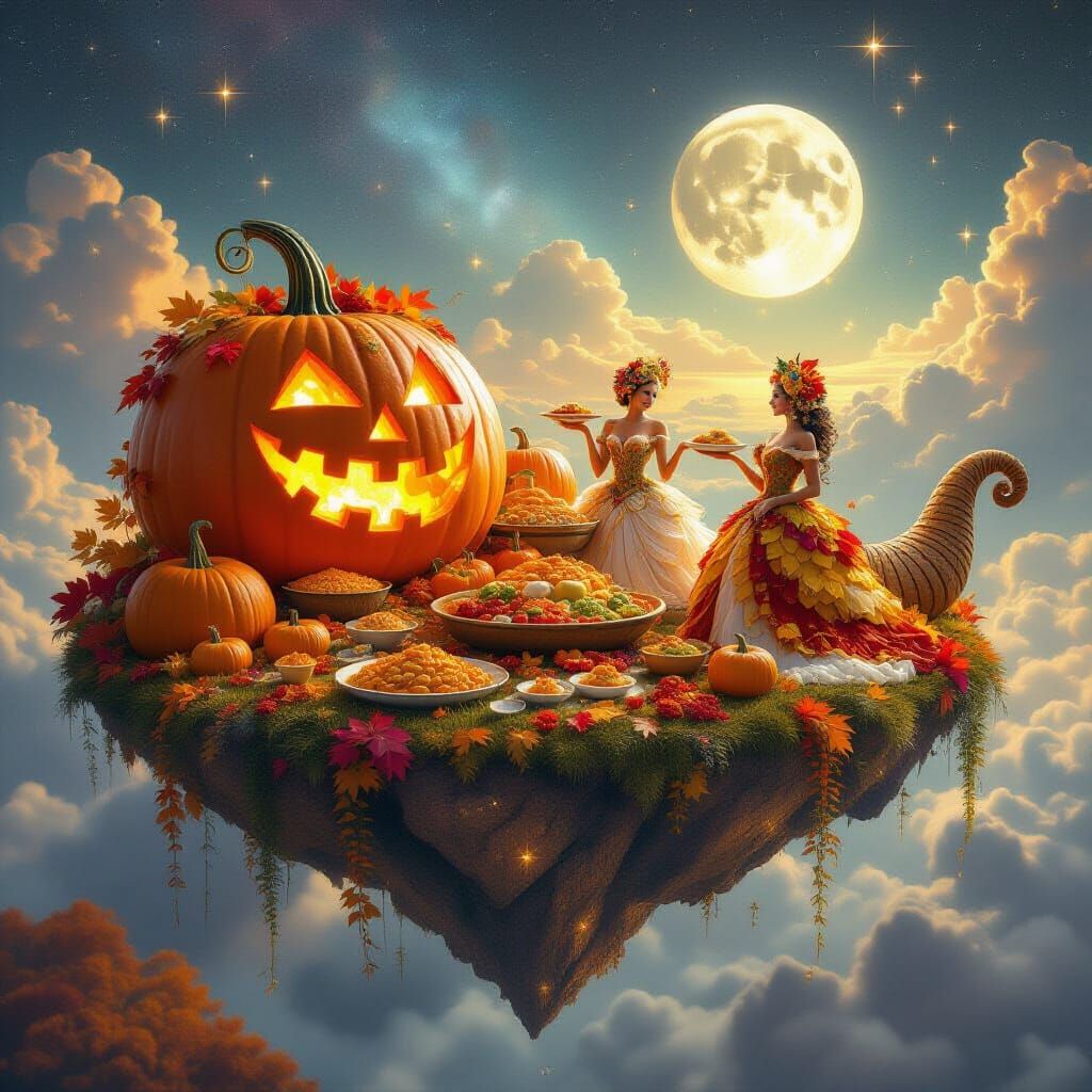 Cosmic Autumn Harvest Feast on Floating Island