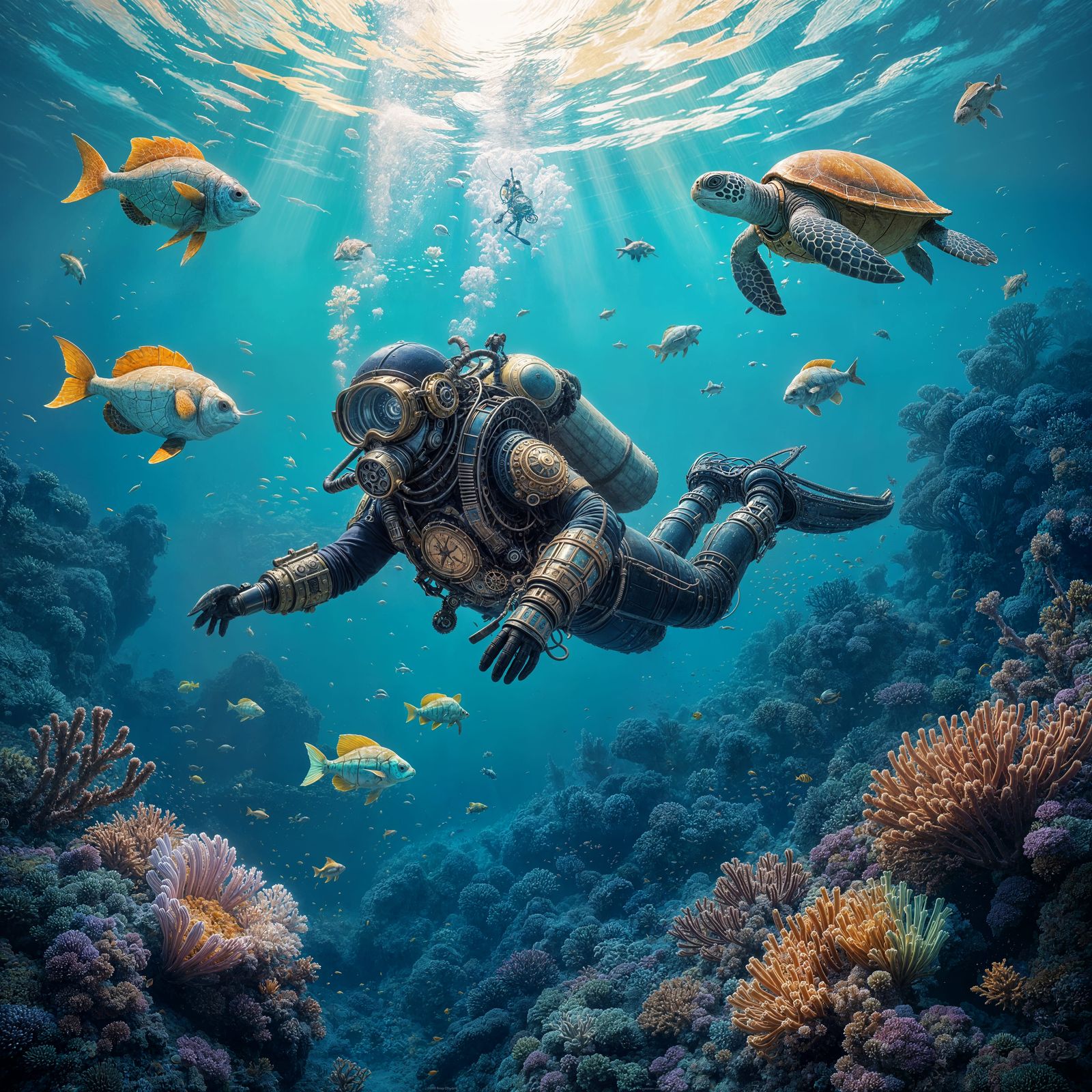 Steampunk Diver Explores Clockwork Coral Reef