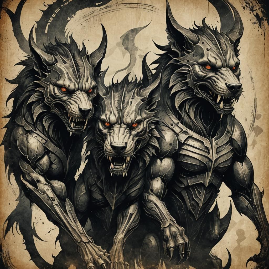 Cerberus Illustration in Dark Fantasy Style