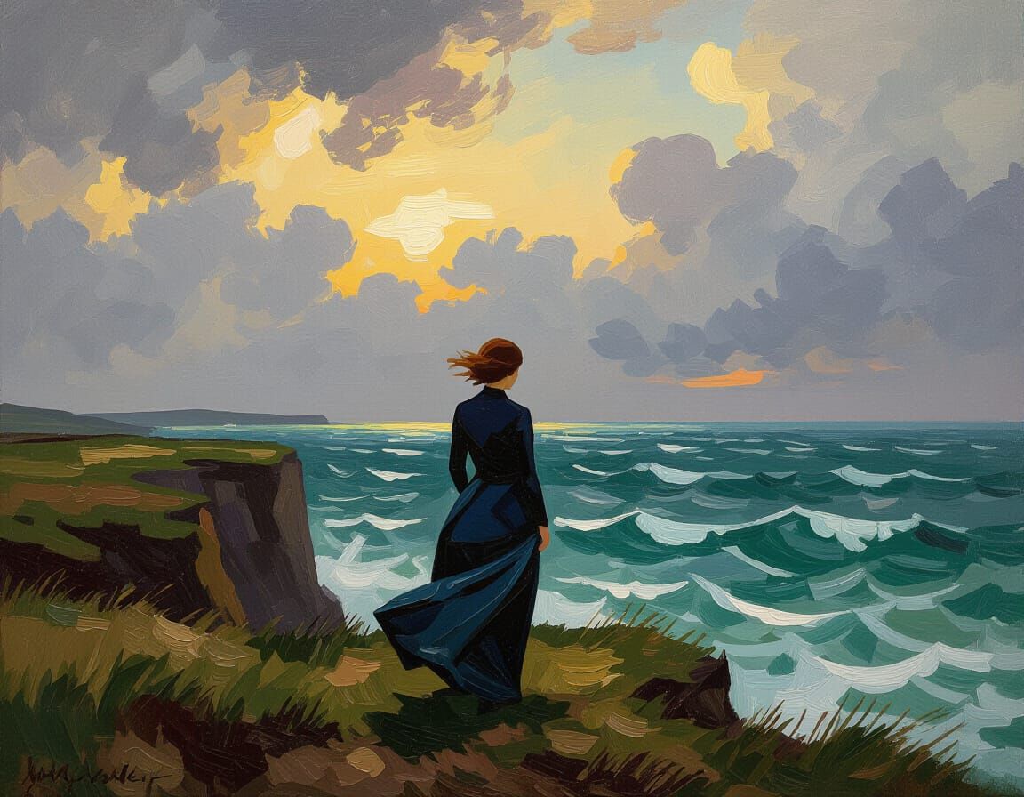 Solitary Woman on Windswept Cliff in Post-Impressionist Styl...