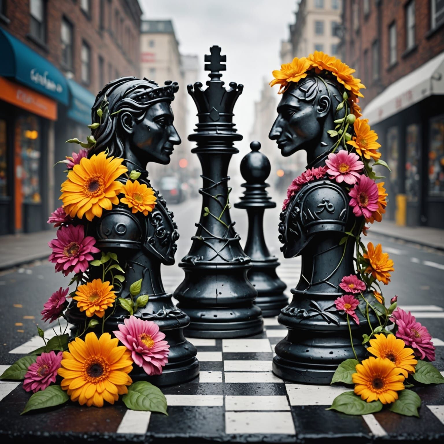 Floral Chess Pieces in Graffiti Street Art Style