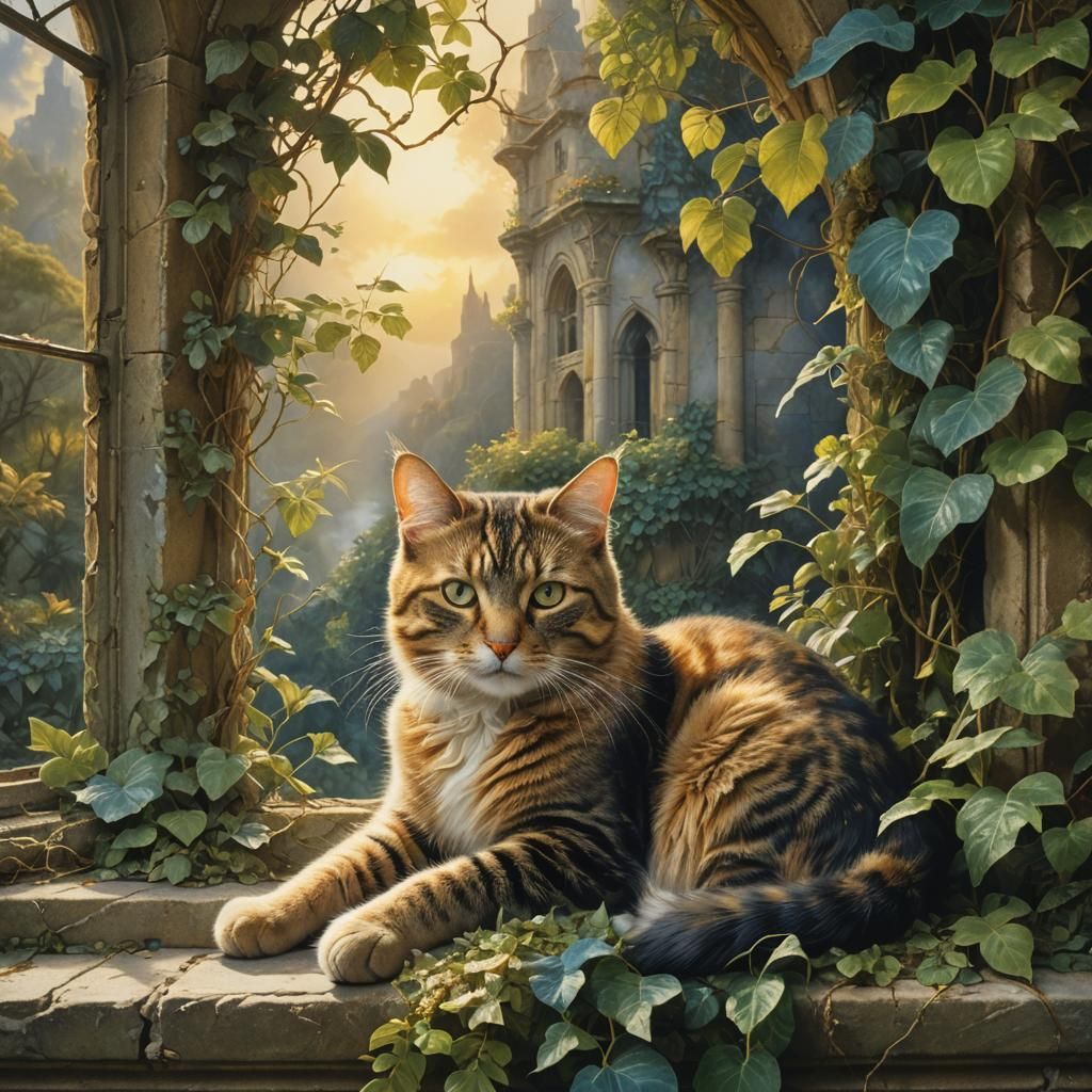 Cat on Mystical Windowsill: Fantasy Concept Art