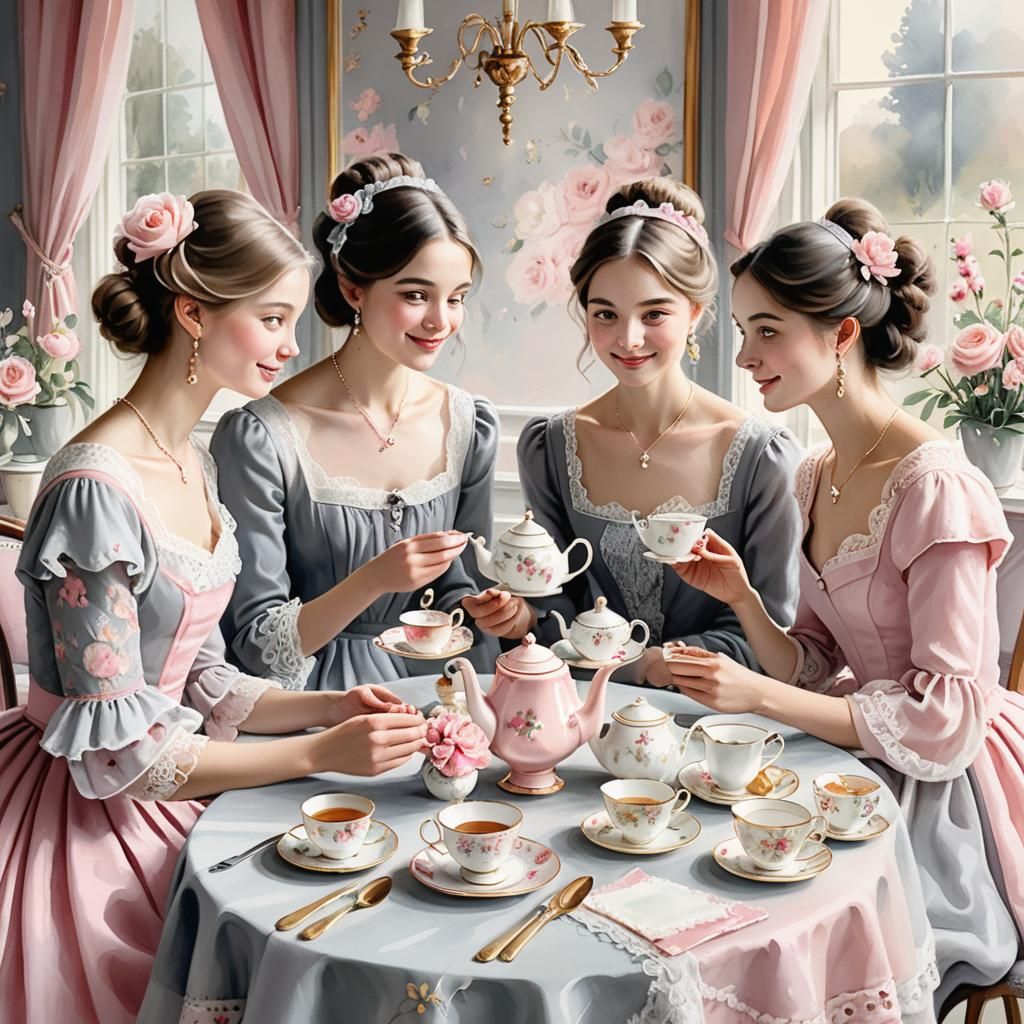 Friends at Whimsical Tea Party in Watercolor Style
