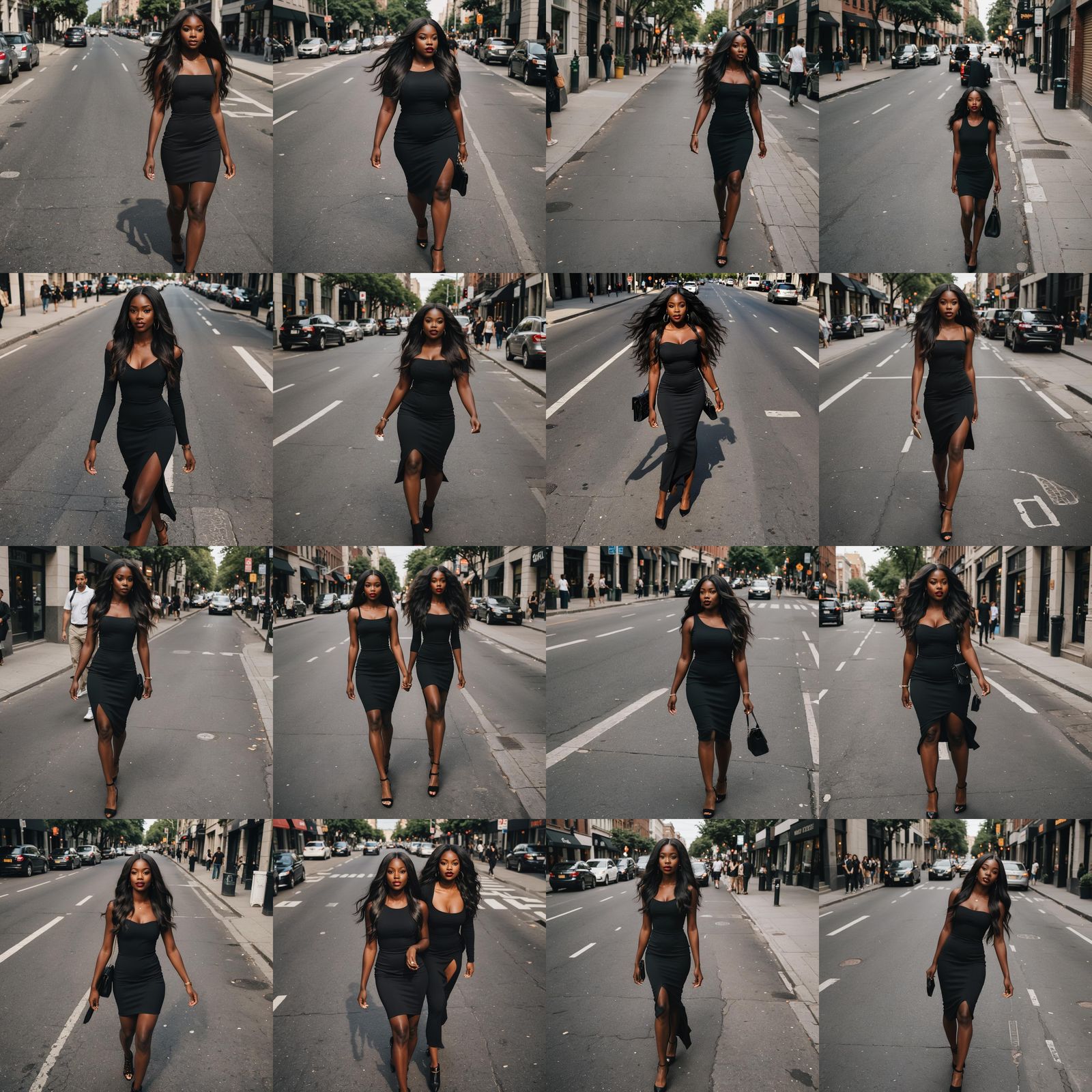 Elegant Woman in Black Dress Strolling City Street