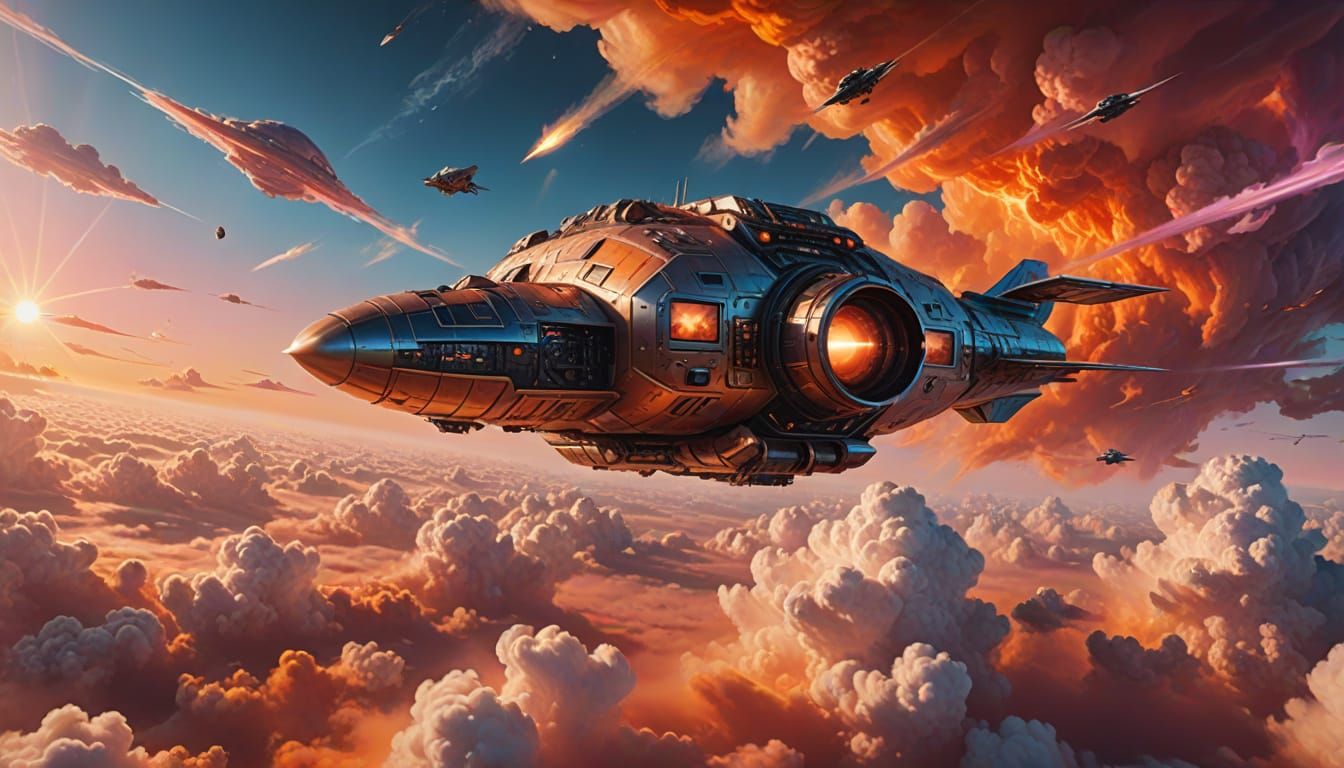 Spaceship Over Orange Clouds in Sci-Fi Oil Painting