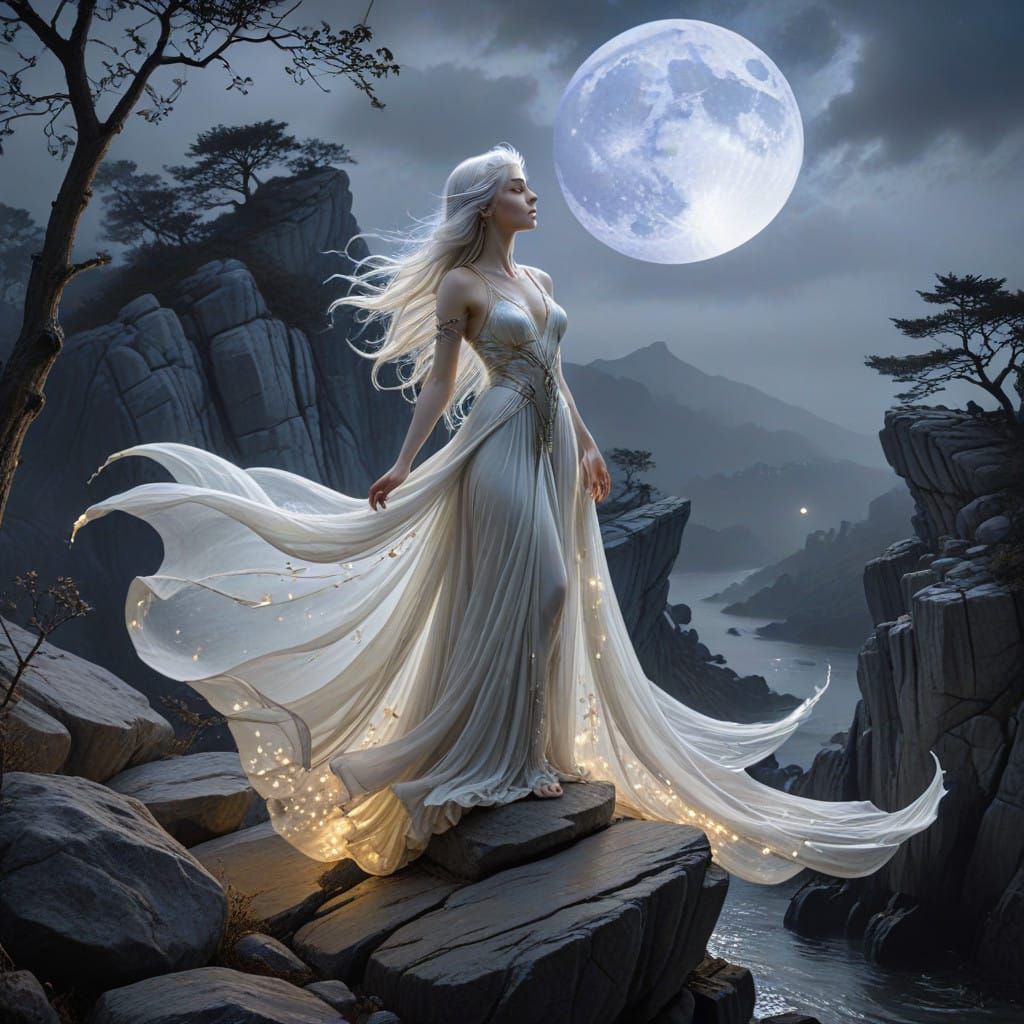 Luminous Moon Goddess in Dreamy Landscape