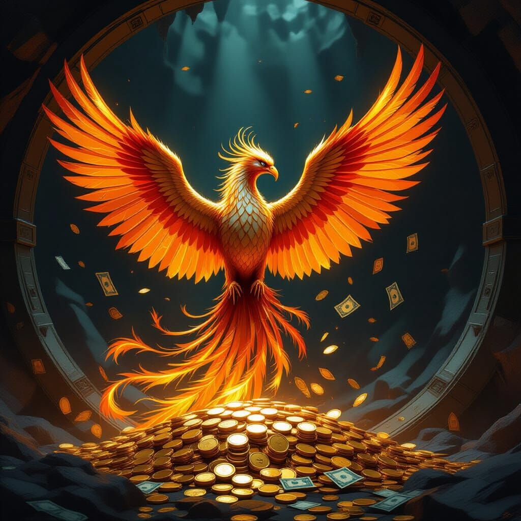 Phoenix Rises from Gold in Epic Fantasy Art