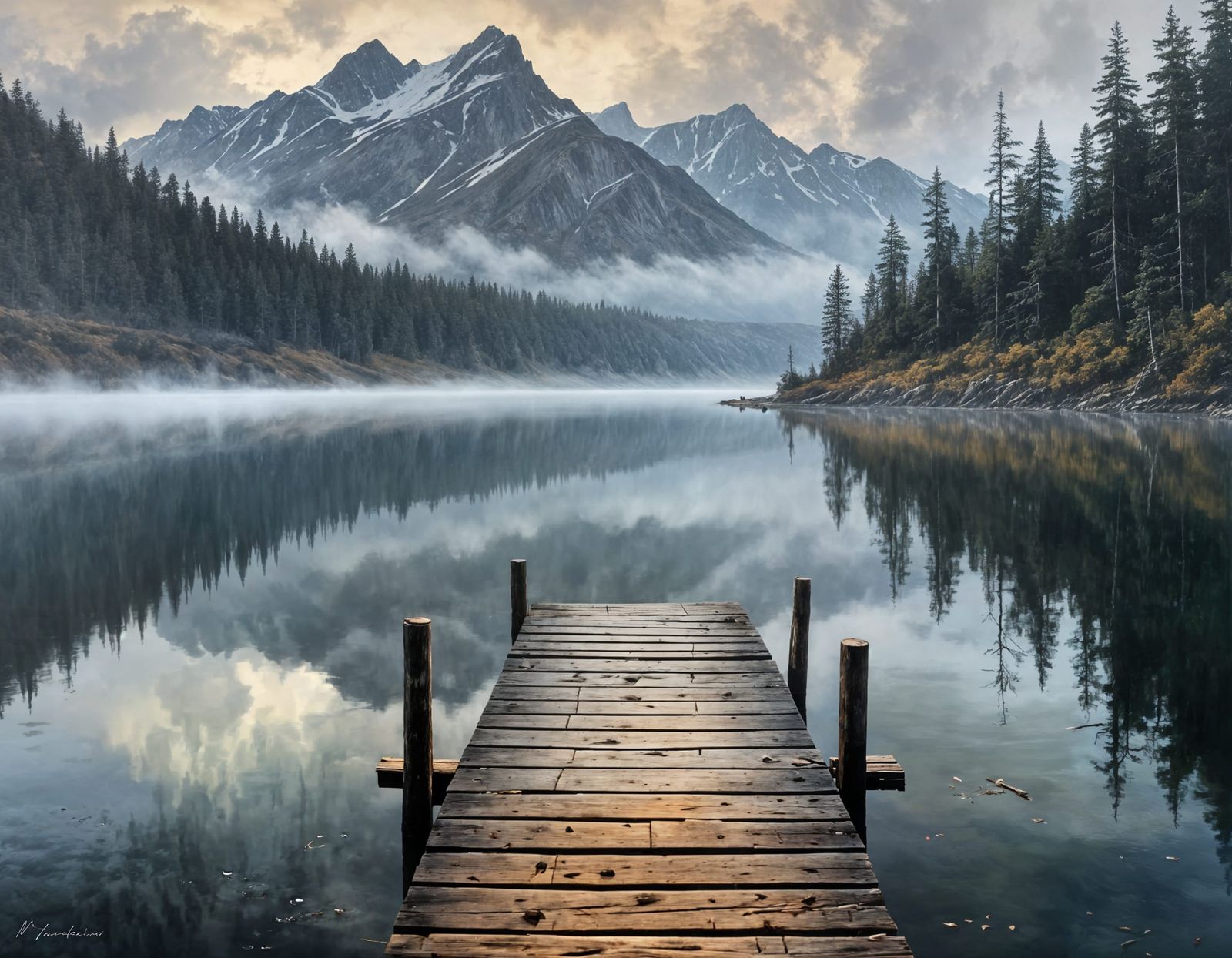 Foggy Lake Dock: Moody Oil Painting Landscape