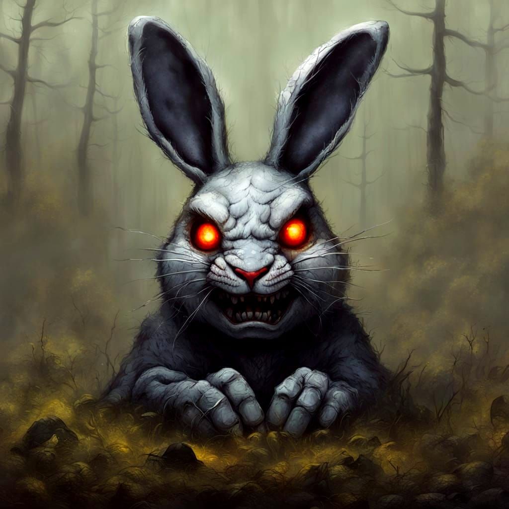 Sinister Stuffed Rabbit with Evil Glowing Eyes